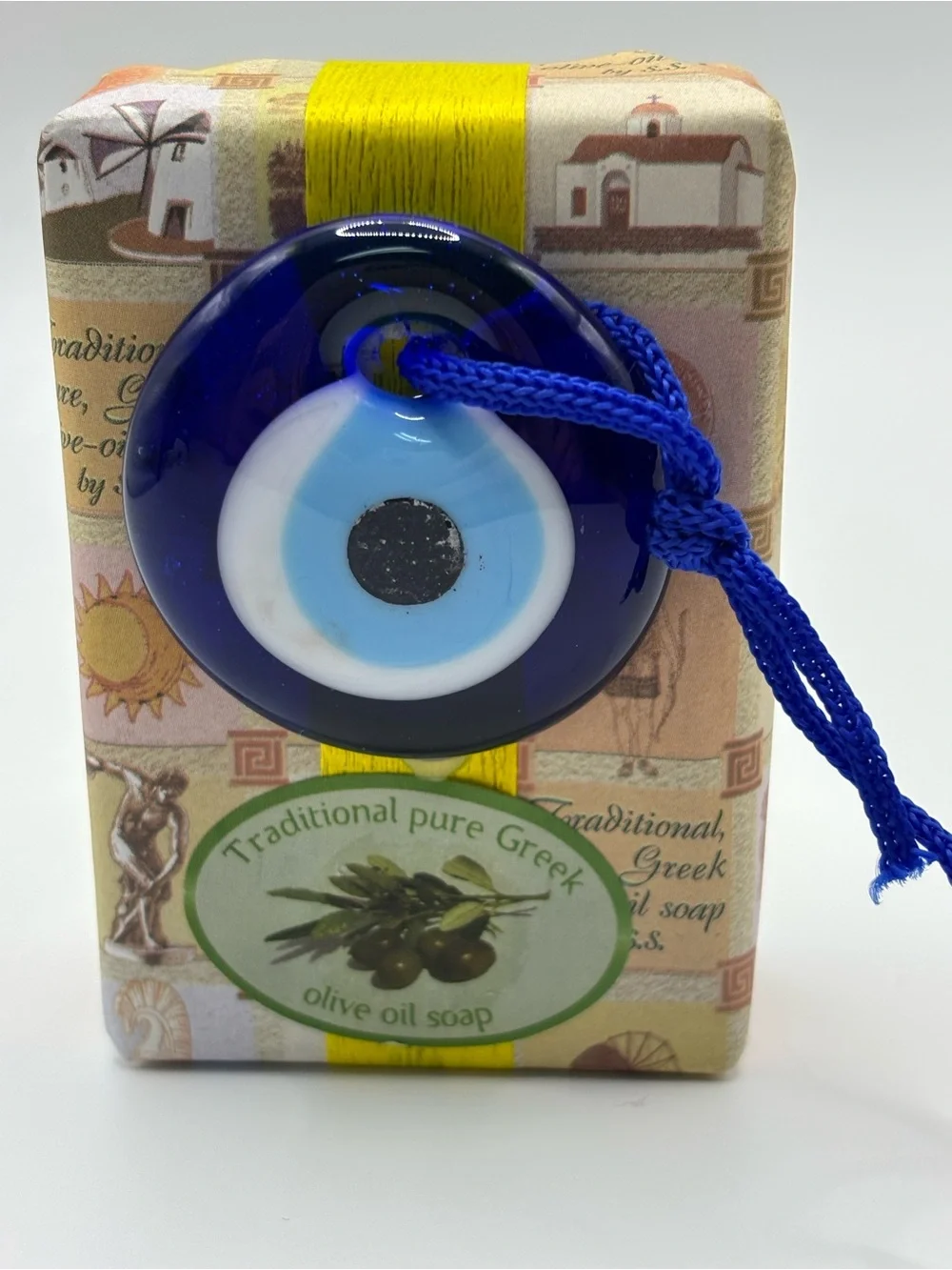 2Traditional Pure Greek Olive Oil Soap with Blue Turkish Evil Eye Charm Blue 2”